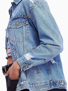 Free People Studded Oversized Denim Trucker Jacket Size XS